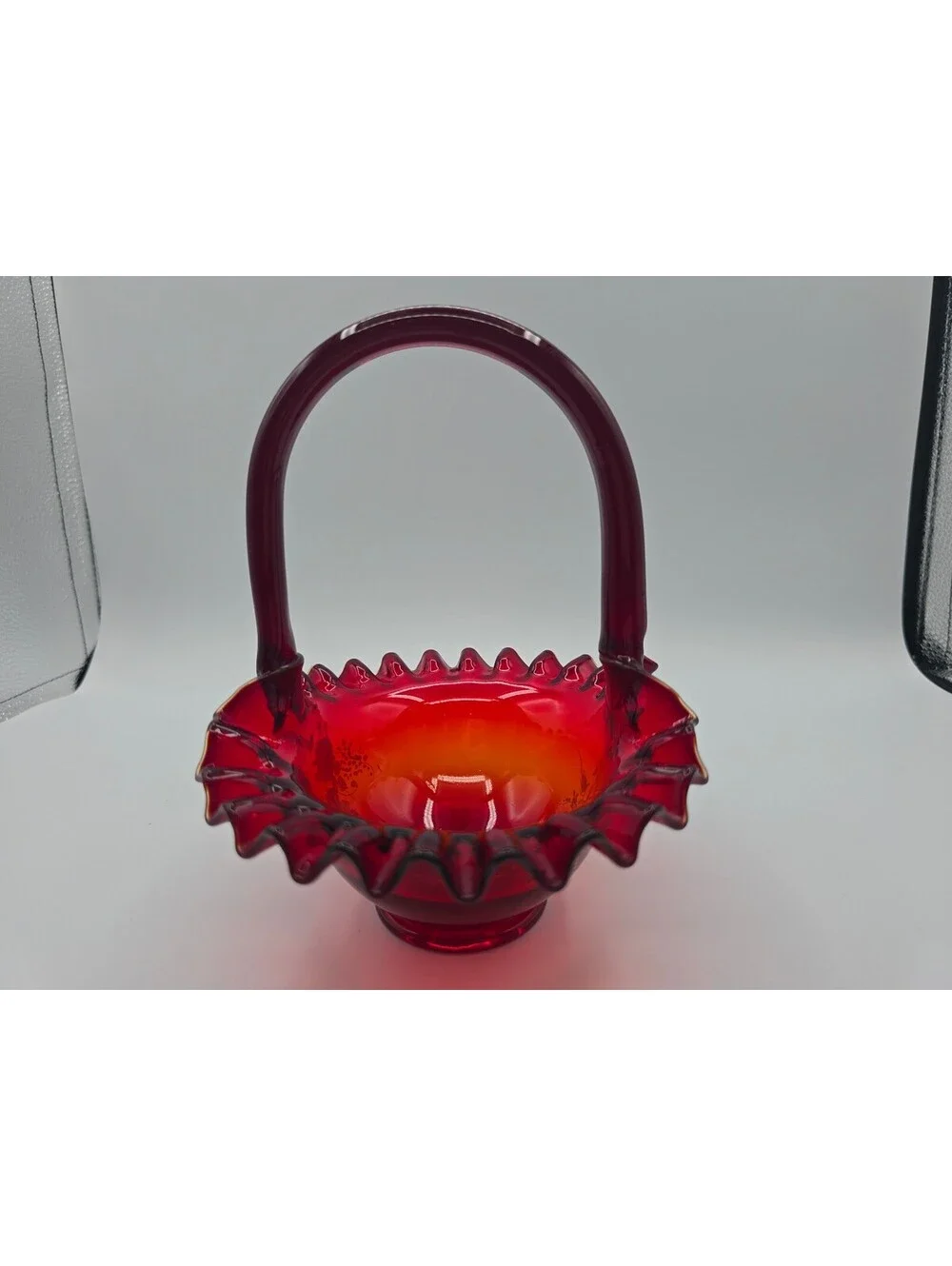 Vintage Fenton Ruby Red Hand Painted Flower Ruffled Art Glass Basket Signed